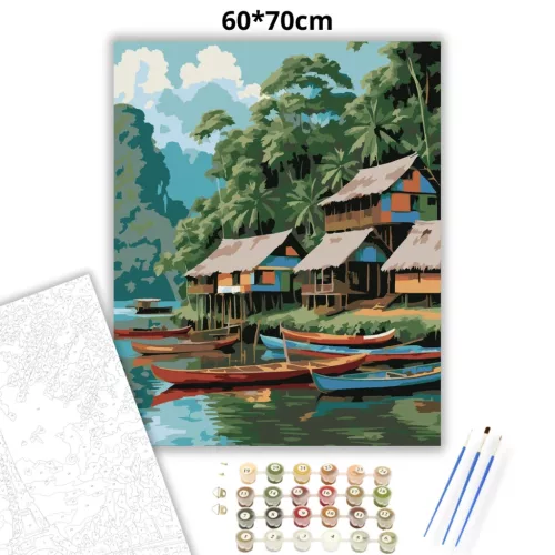 Amazonasi Cölöpfalu a Folyó Partján - számfestő készlet - Számfestő.hu - 60×70cm - Keret nélkül