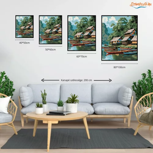 Amazonasi Cölöpfalu a Folyó Partján - számfestő készlet - Számfestő.hu - 80×100cm - Keret nélkül