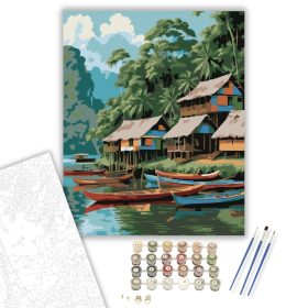 Amazonasi Cölöpfalu a Folyó Partján - számfestő készlet - Számfestő.hu - 40×50cm - keret nélkül