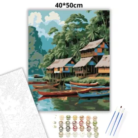 Amazonasi Cölöpfalu a Folyó Partján - számfestő készlet - Számfestő.hu - 40×50cm - Keret nélkül