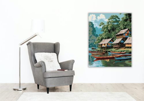 Amazonasi Cölöpfalu a Folyó Partján - számfestő készlet - Számfestő.hu - 40×50cm - keret nélkül