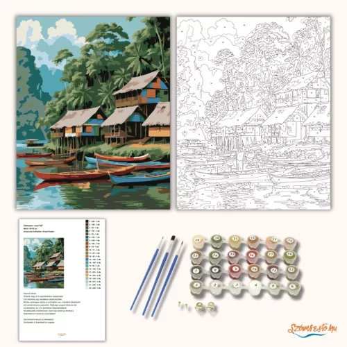 Amazonasi Cölöpfalu a Folyó Partján - számfestő készlet - Számfestő.hu - 40×50cm - Keret nélkül