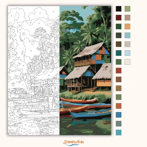 Amazonasi Cölöpfalu a Folyó Partján - számfestő készlet - Számfestő.hu - 40×50cm - Keret nélkül