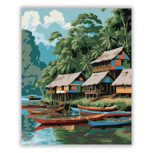 Amazonasi Cölöpfalu a Folyó Partján - számfestő készlet - Számfestő.hu - 40×50cm - Keret nélkül