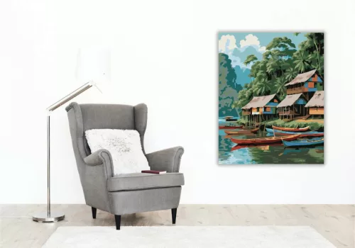 Amazonasi Cölöpfalu a Folyó Partján - számfestő készlet - Számfestő.hu - 40×50cm - Keret nélkül
