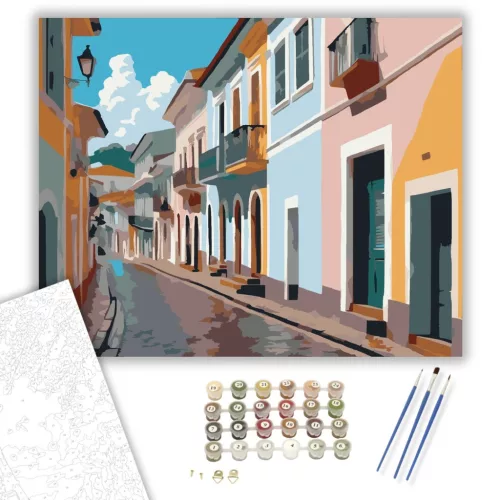Pelourinho Színes Koloniális Utca - számfestő készlet - Számfestő.hu - 40×50cm - keret nélkül