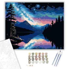 Éjszakai Hegyi Tó és Spirálgalaxis - számfestő készlet - Számfestő.hu - 40×50cm - keret nélkül