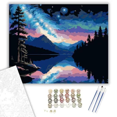 Éjszakai Hegyi Tó és Spirálgalaxis - számfestő készlet - Számfestő.hu - 40×50cm - keretre feszítve