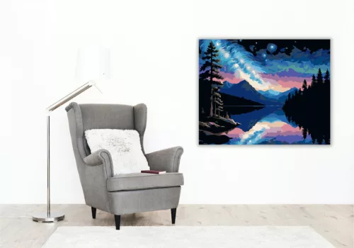 Éjszakai Hegyi Tó és Spirálgalaxis - számfestő készlet - Számfestő.hu - 80×100cm - keretre feszítve