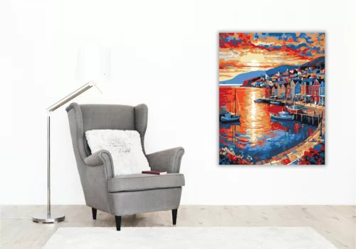 Naplemente a Tengerparti Városban - számfestő készlet - Számfestő.hu - 40×50cm - keret nélkül