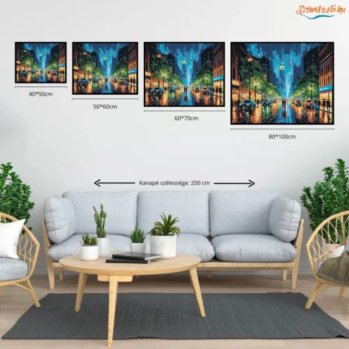 Éjszakai Városi Eső - számfestő készlet - Számfestő.hu - 80×100cm - Keretre feszítve