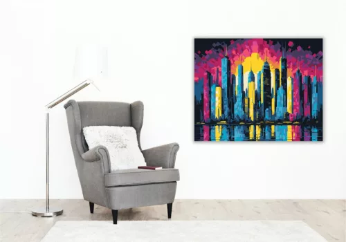Neon Városi Sziluett - számfestő készlet - Számfestő.hu - 80×100cm - keretre feszítve