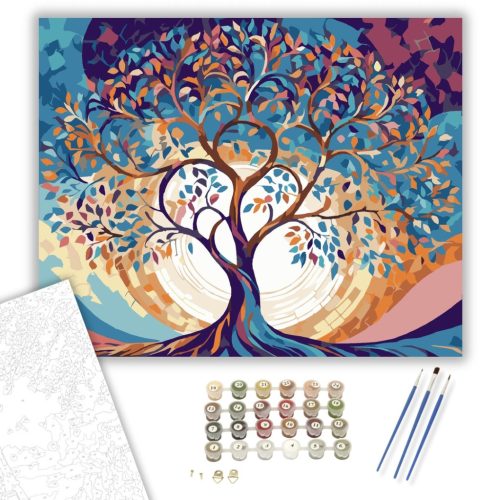 Színes Életfa Kanyargó Ágakkal - számfestő készlet - Számfestő.hu - 40×50cm - keret nélkül
