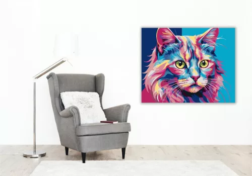 Neon Macska Vibráló Színekkel - számfestő készlet - Számfestő.hu - 50×60cm - keretre feszítve