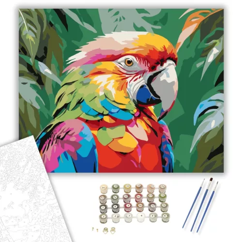 Színpompás Papagáj Élénk Textúrákkal - számfestő készlet - Számfestő.hu - 40×50cm - keretre feszítve