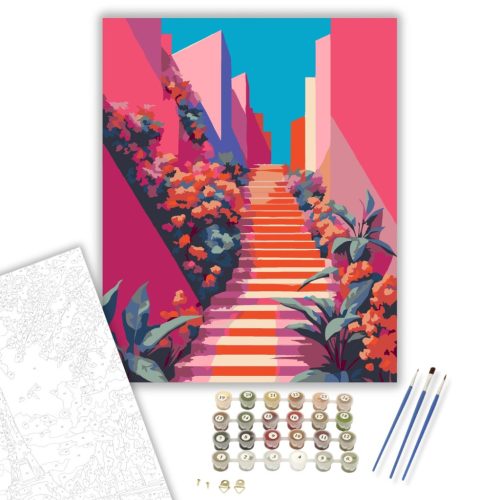 Színes Lépcsősor Növényekkel - számfestő készlet - Számfestő.hu - 40×50cm - keretre feszítve