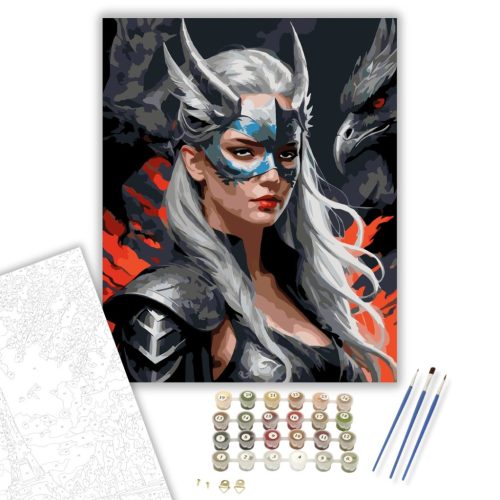 Ezüst Maszkos Sárkányjós - számfestő készlet - Számfestő.hu - 60×70cm - keretre feszítve