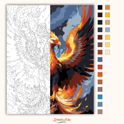 Lángoló főnix madár - számfestő készlet - Számfestő.hu - 50×60cm - Keretre feszítve