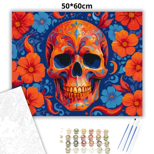Élénk virágkoszorús koponya - számfestő készlet - Számfestő.hu - 50×60cm - Keretre feszítve