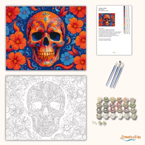 Élénk virágkoszorús koponya - számfestő készlet - Számfestő.hu - 50×60cm - Keretre feszítve