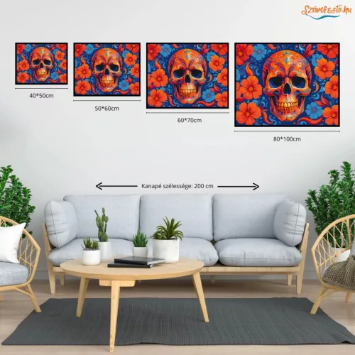 Élénk virágkoszorús koponya - számfestő készlet - Számfestő.hu - 50×60cm - Keretre feszítve