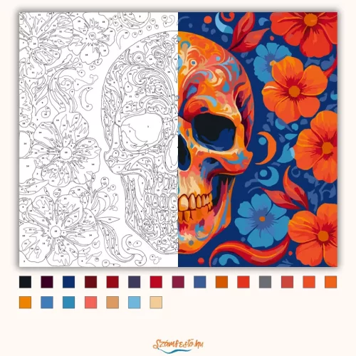 Élénk virágkoszorús koponya - számfestő készlet - Számfestő.hu - 60×70cm - Keret nélkül
