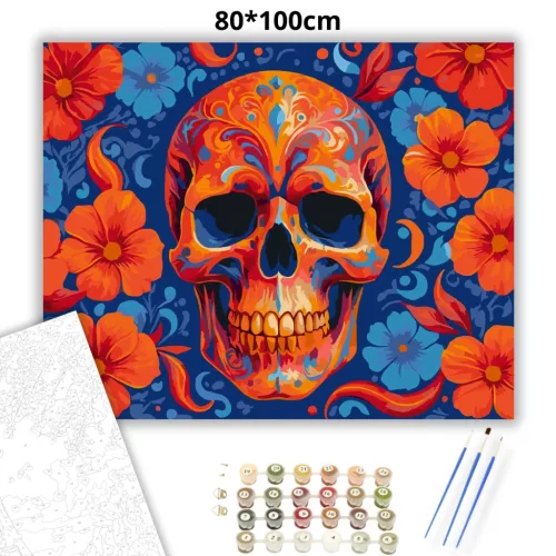 Élénk virágkoszorús koponya - számfestő készlet - Számfestő.hu - 80×100cm - Keret nélkül