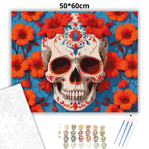 Vibráló virágos koponya - számfestő készlet - Számfestő.hu - 50×60cm - Keret nélkül
