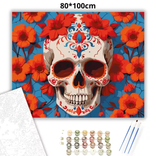 Vibráló virágos koponya - számfestő készlet - Számfestő.hu - 80×100cm - Keretre feszítve