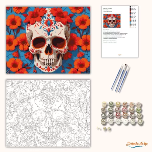 Vibráló virágos koponya - számfestő készlet - Számfestő.hu - 80×100cm - Keretre feszítve