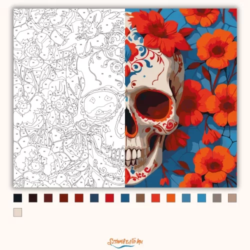 Vibráló virágos koponya - számfestő készlet - Számfestő.hu - 80×100cm - Keretre feszítve