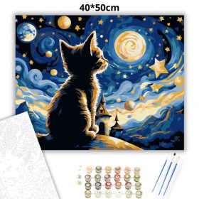 Kíváncsi cica csillagfényben - számfestő készlet - Számfestő.hu - 40×50cm - Keret nélkül