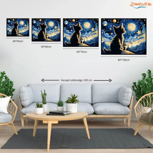 Kíváncsi cica csillagfényben - számfestő készlet - Számfestő.hu - 40×50cm - Keret nélkül