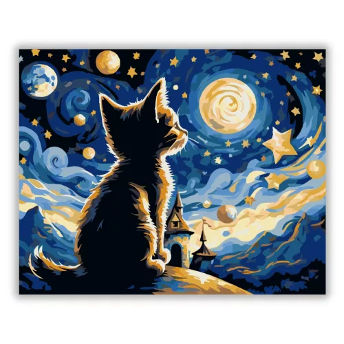 Kíváncsi cica csillagfényben - számfestő készlet - Számfestő.hu - 40×50cm - Keret nélkül