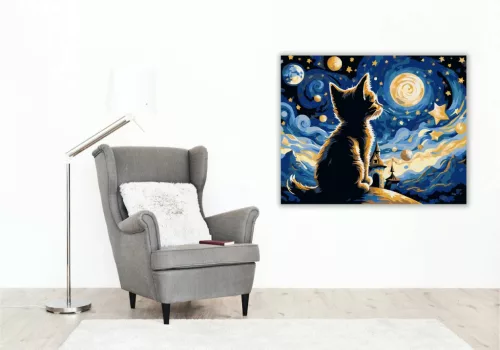 Kíváncsi cica csillagfényben - számfestő készlet - Számfestő.hu - 40×50cm - Keret nélkül