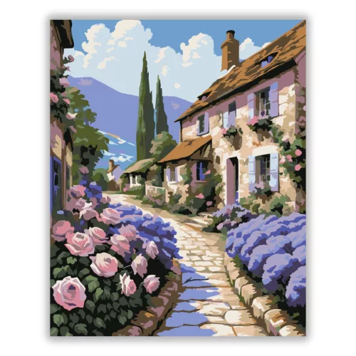 Rózsás falusi utca - számfestő készlet - Számfestő.hu - 50×60cm - Keretre feszítve