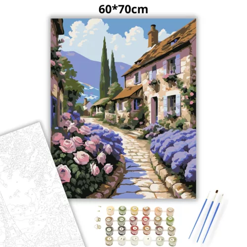 Rózsás falusi utca - számfestő készlet - Számfestő.hu - 60×70cm - Keret nélkül