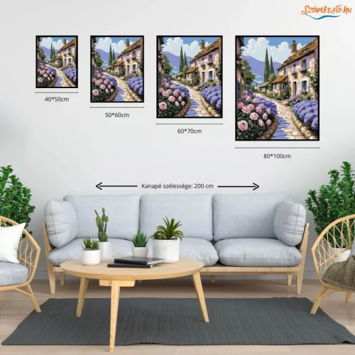 Rózsás falusi utca - számfestő készlet - Számfestő.hu - 80×100cm - Keretre feszítve