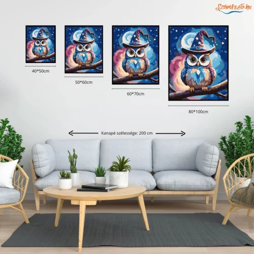 Mesés varázskalapos bagoly - számfestő készlet - Számfestő.hu - 40×50cm - Keretre feszítve
