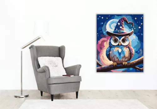 Mesés varázskalapos bagoly - számfestő készlet - Számfestő.hu - 40×50cm - Keretre feszítve