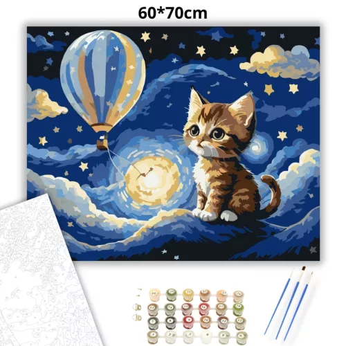 Bájos álmodozó kiscica - számfestő készlet - Számfestő.hu - 60×70cm - Keretre feszítve
