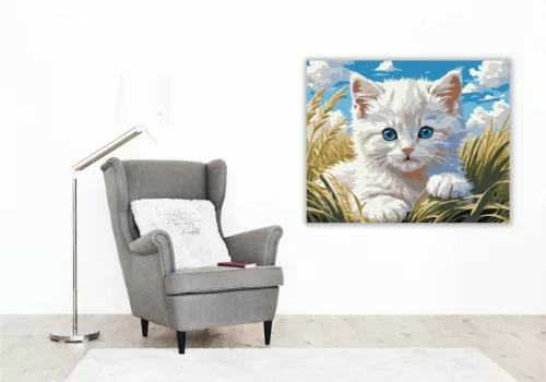 Derűs kiscica pillantása - számfestő készlet - Számfestő.hu - 50×60cm - Keretre feszítve