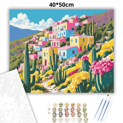 Napfényes kaktuszok - számfestő készlet - Számfestő.hu - 40×50cm - Keretre feszítve