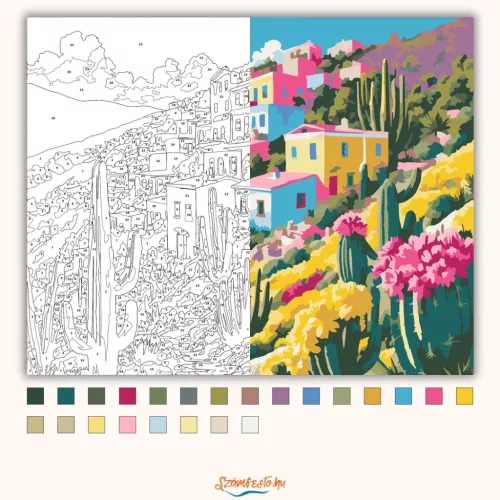 Napfényes kaktuszok - számfestő készlet - Számfestő.hu - 40×50cm - Keret nélkül