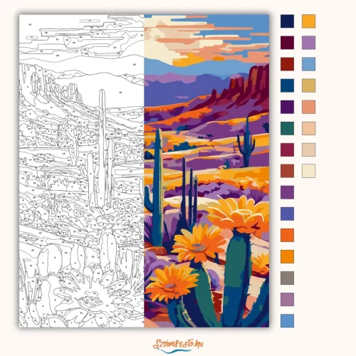 Tüzes sivatagi kaktuszok - számfestő készlet - Számfestő.hu - 60×70cm - Keret nélkül