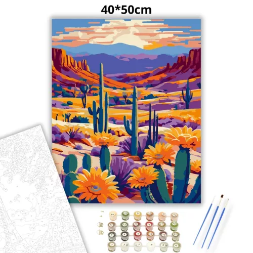 Tüzes sivatagi kaktuszok - számfestő készlet - Számfestő.hu - 40×50cm - Keret nélkül