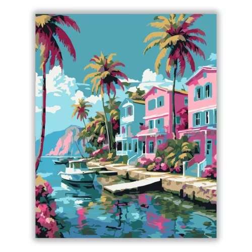 Pasztell vízparti házak - számfestő készlet - Számfestő.hu - 60×70cm - Keret nélkül