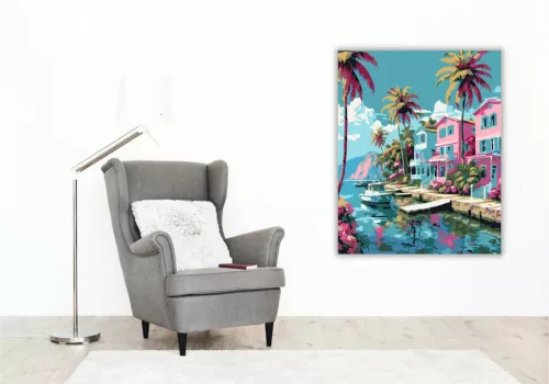Pasztell vízparti házak - számfestő készlet - Számfestő.hu - 60×70cm - Keret nélkül