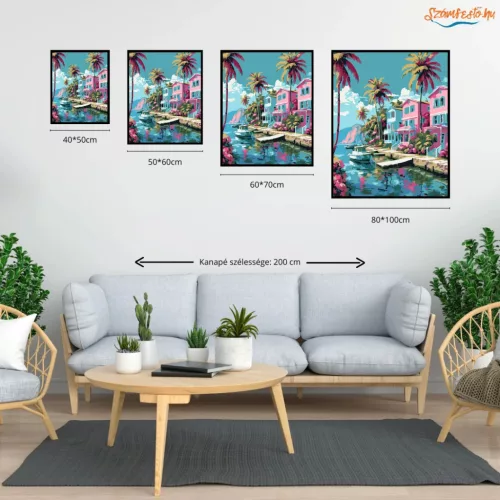 Pasztell vízparti házak - számfestő készlet - Számfestő.hu - 40×50cm - Keretre feszítve