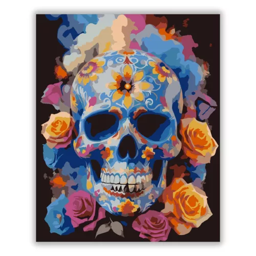 Vibráló rózsás koponya - számfestő készlet - Számfestő.hu - 80×100cm - Keretre feszítve